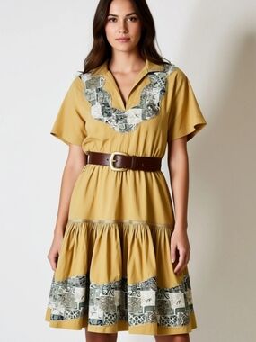 Vtg. 1950s Faye Creations Tuson Patio Mustard Yellow Tiered Patio Dress Size M